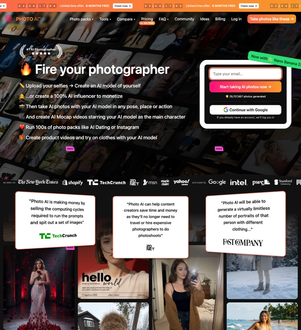 PhotoAI.com 실제 메인 화면 — 'Fire your photographer'
