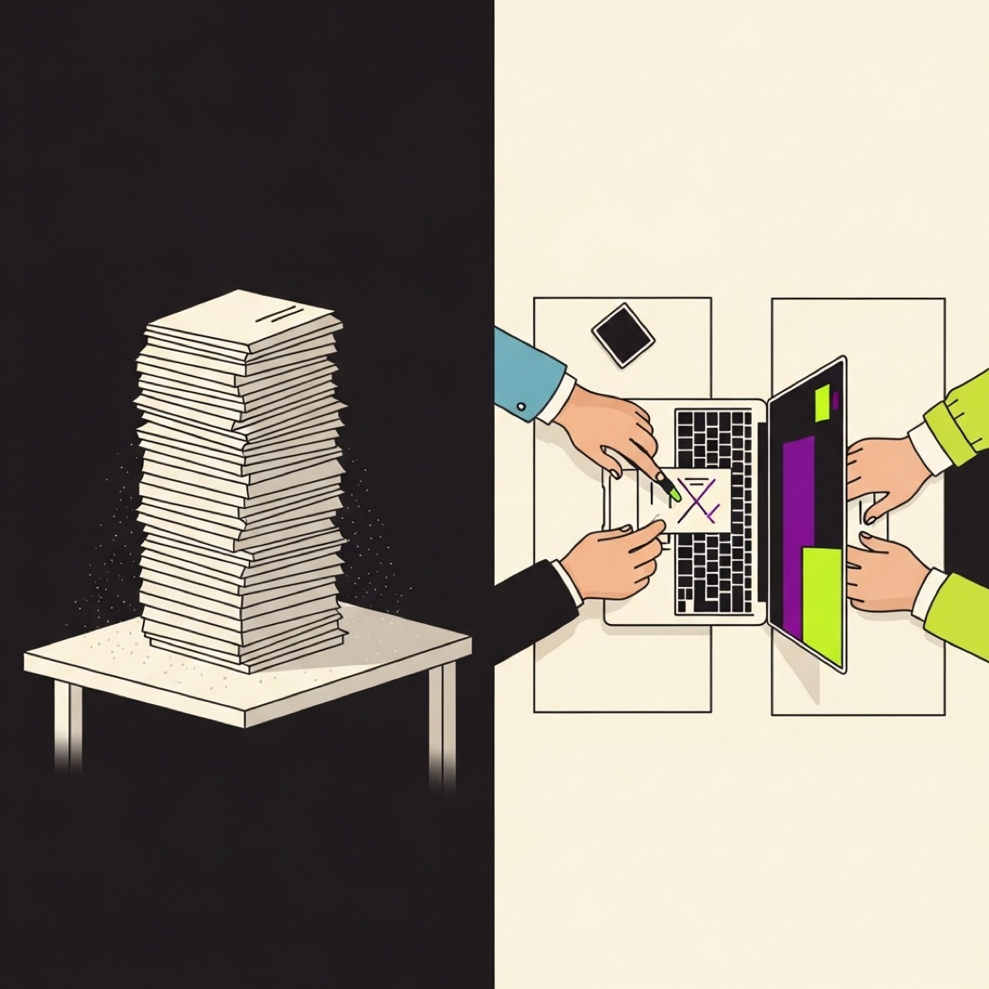 명함만 쌓인 책상 vs 함께 만든 작은 결과물이 쌓인 책상 — 두 풍경의 대비