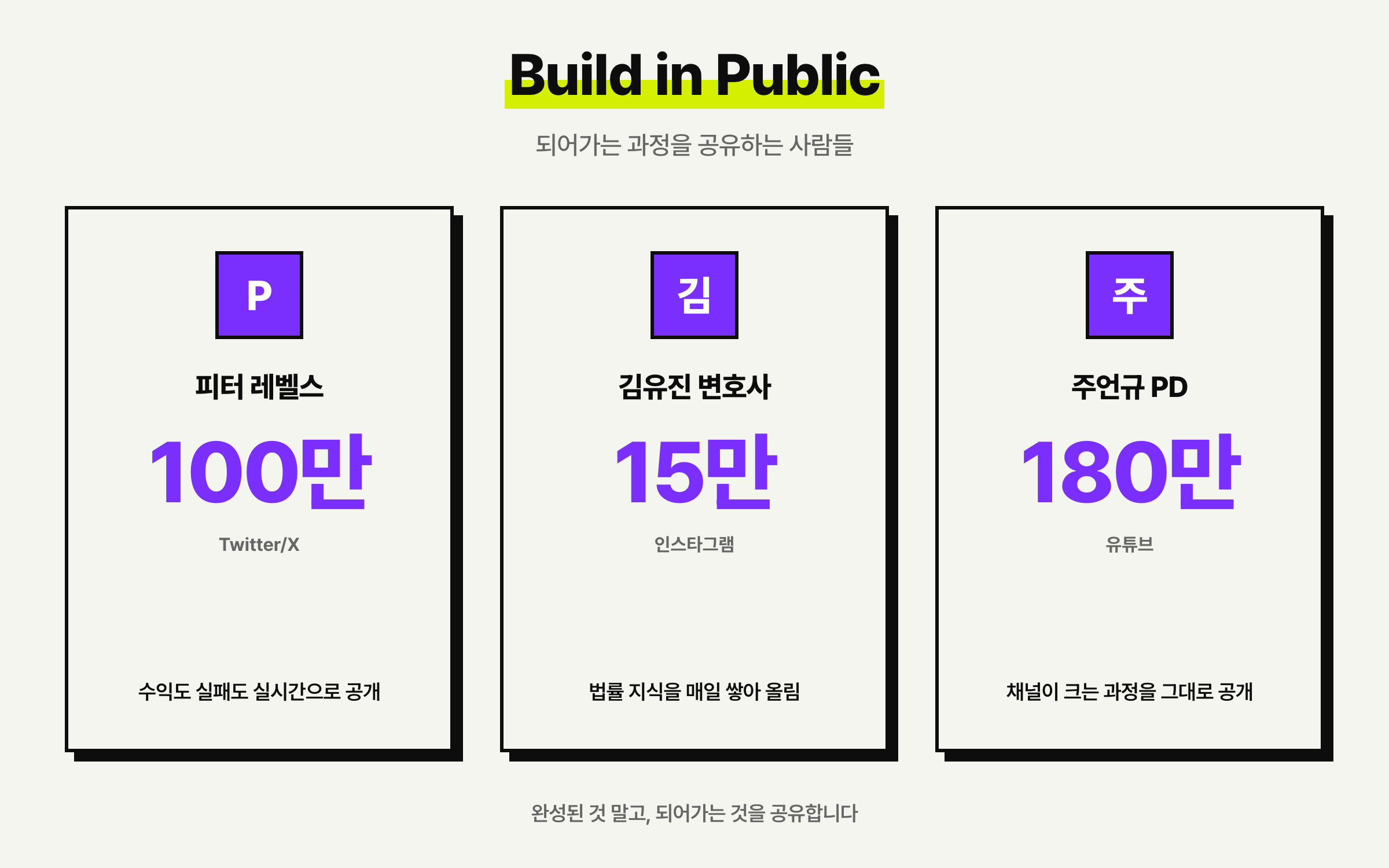 Build in Public · 피터 레벨스 100만 · 김유진 변호사 15만 · 주언규 PD 180만