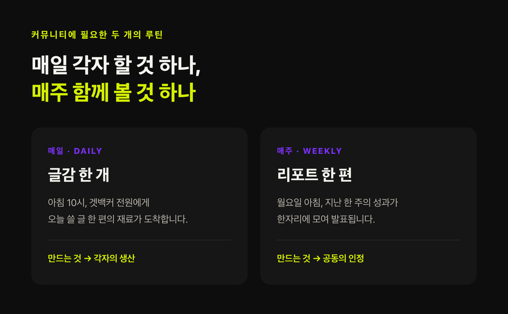 매일 글감 한 개와 매주 리포트 한 편이라는 두 개의 루틴을 나란히 정리한 도식